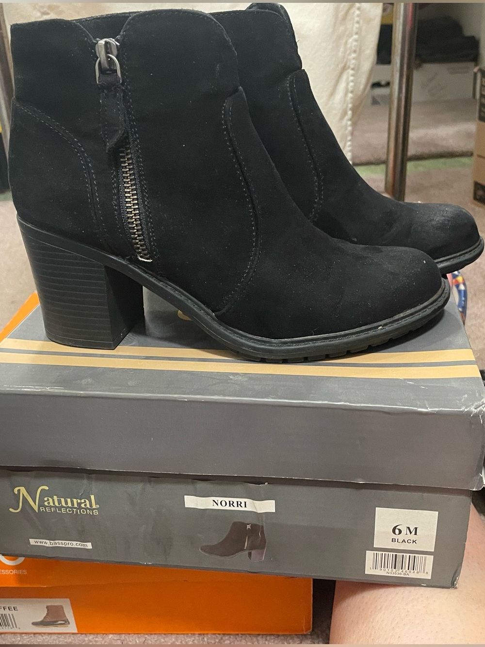 Natural Reflections Black Suede Side-Zip Block Heel Booties